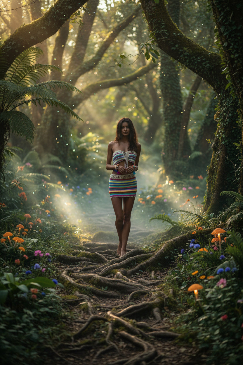 Woman in a colorful dress walking through a forest