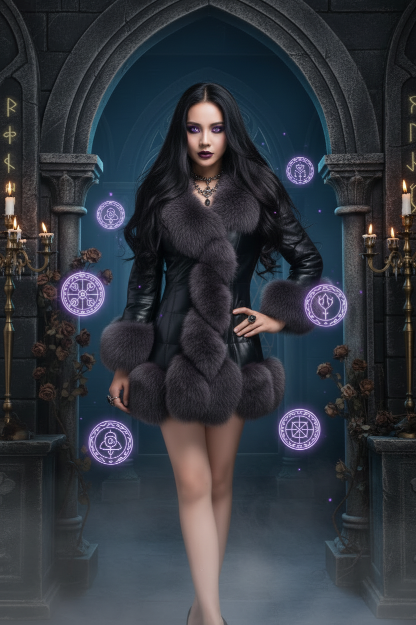 Slim Fit Mid-Length Faux Fur Coat with Fox Fur Collar Sorceress Sanctuary