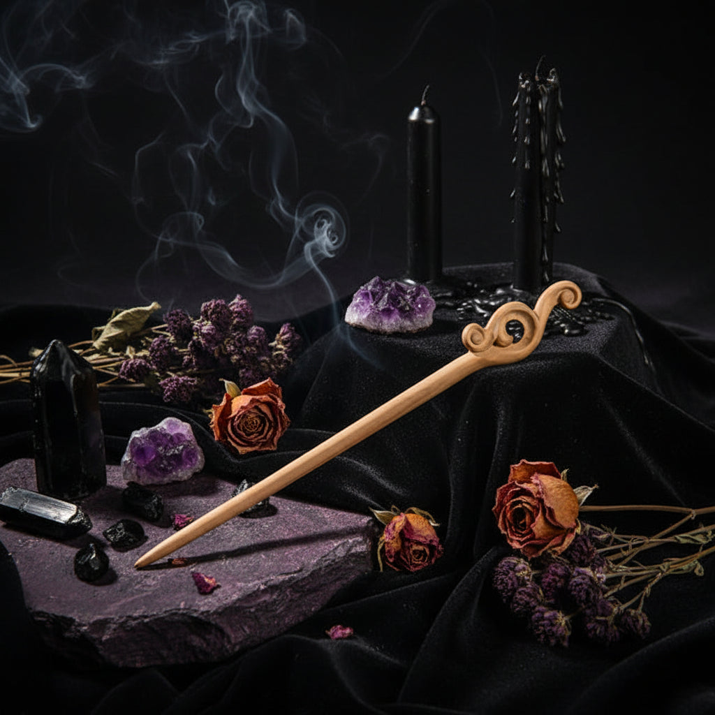 Wooden hair stick with decorative top on a white stand, against a light background.