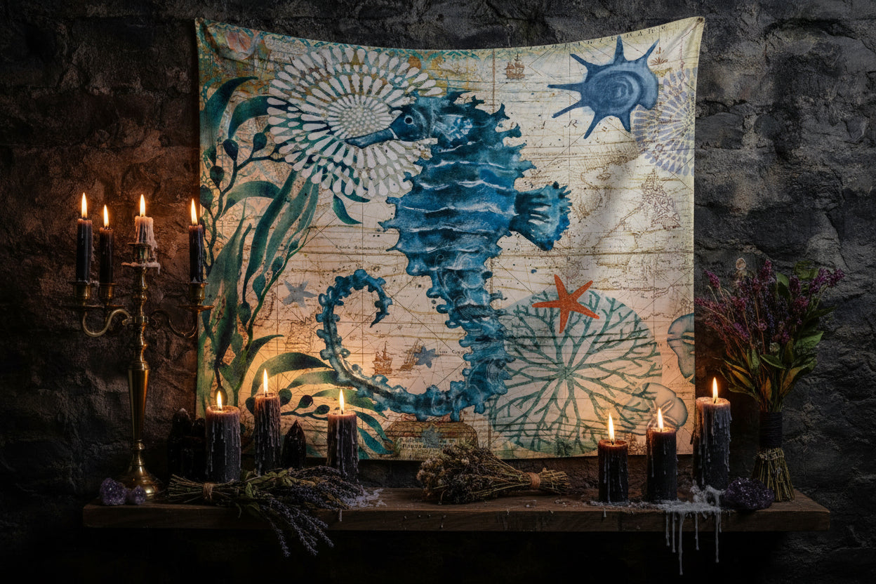 Digital Print Tapestry Wall Hanging with Seahorse Design Sorceress Sanctuary