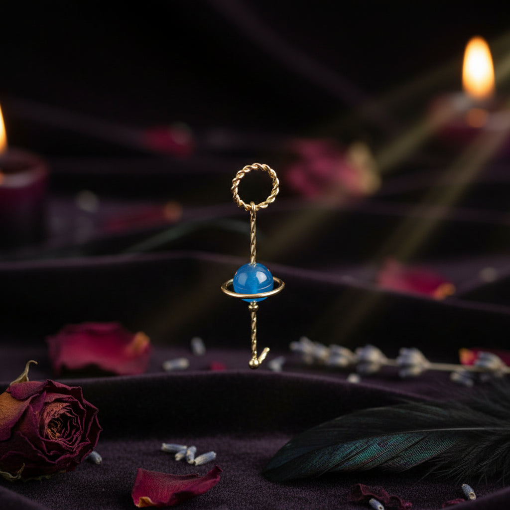 Gold ring with a blue gemstone on a white background