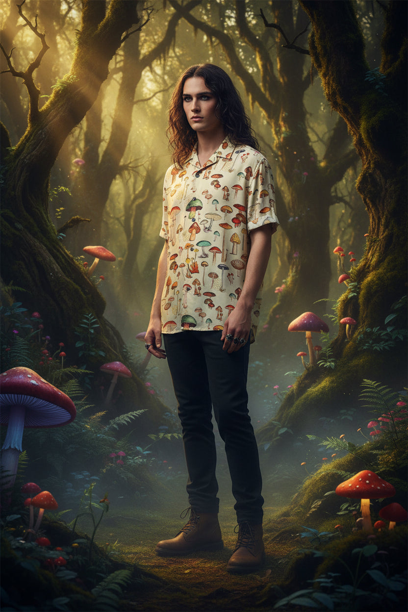 Short-sleeve shirt with colorful mushroom pattern on a beige background
