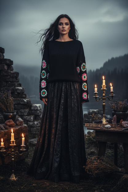 Woman wearing a black sweater with colorful floral patterns on the sleeves against a white background