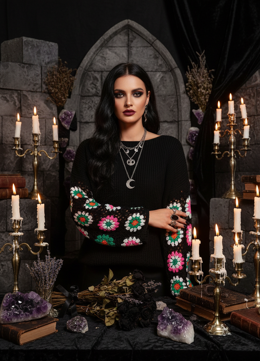 Woman wearing a black sweater with colorful floral patterns on the sleeves against a white background