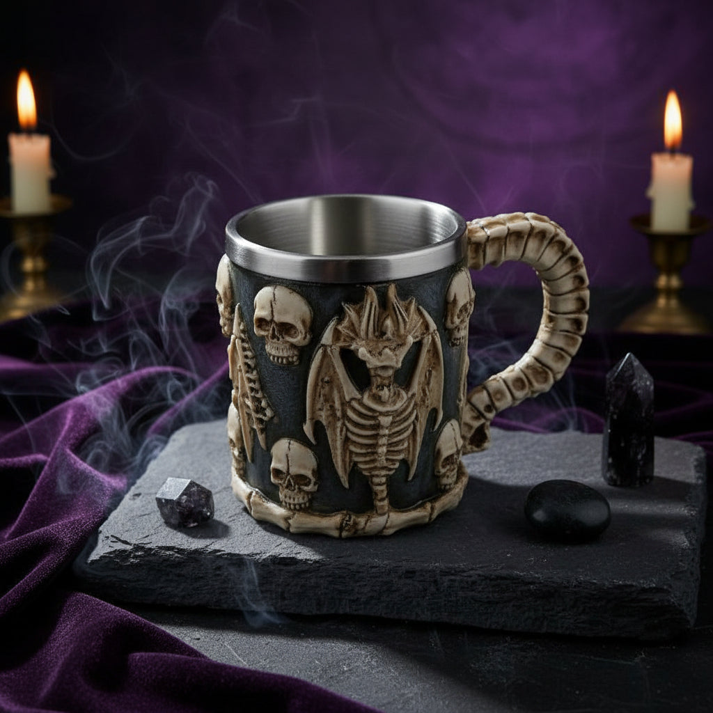 Resin Stainless Steel Skull Mug with Dragon Design Sorceress Sanctuary