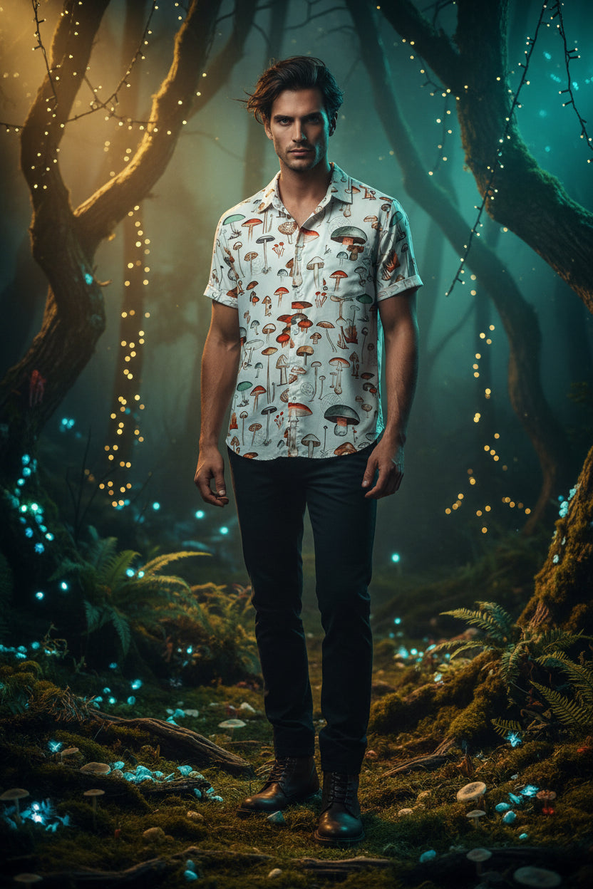 Short-sleeve shirt with mushroom pattern on a white background