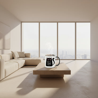 Black mug on the left and white mug with a cat design on the right, filled with coffee.