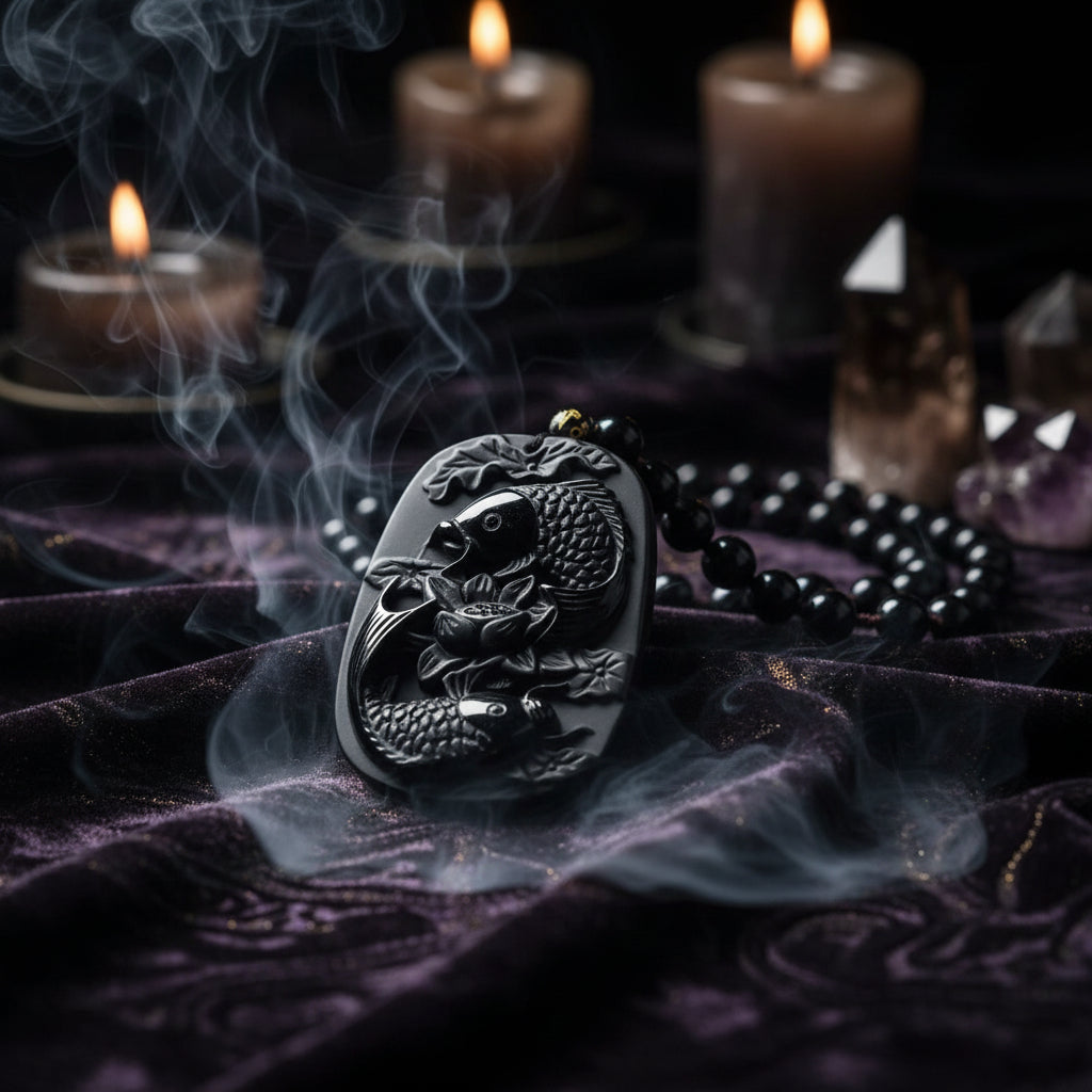 Black pendant with dragon design on a brown leaf