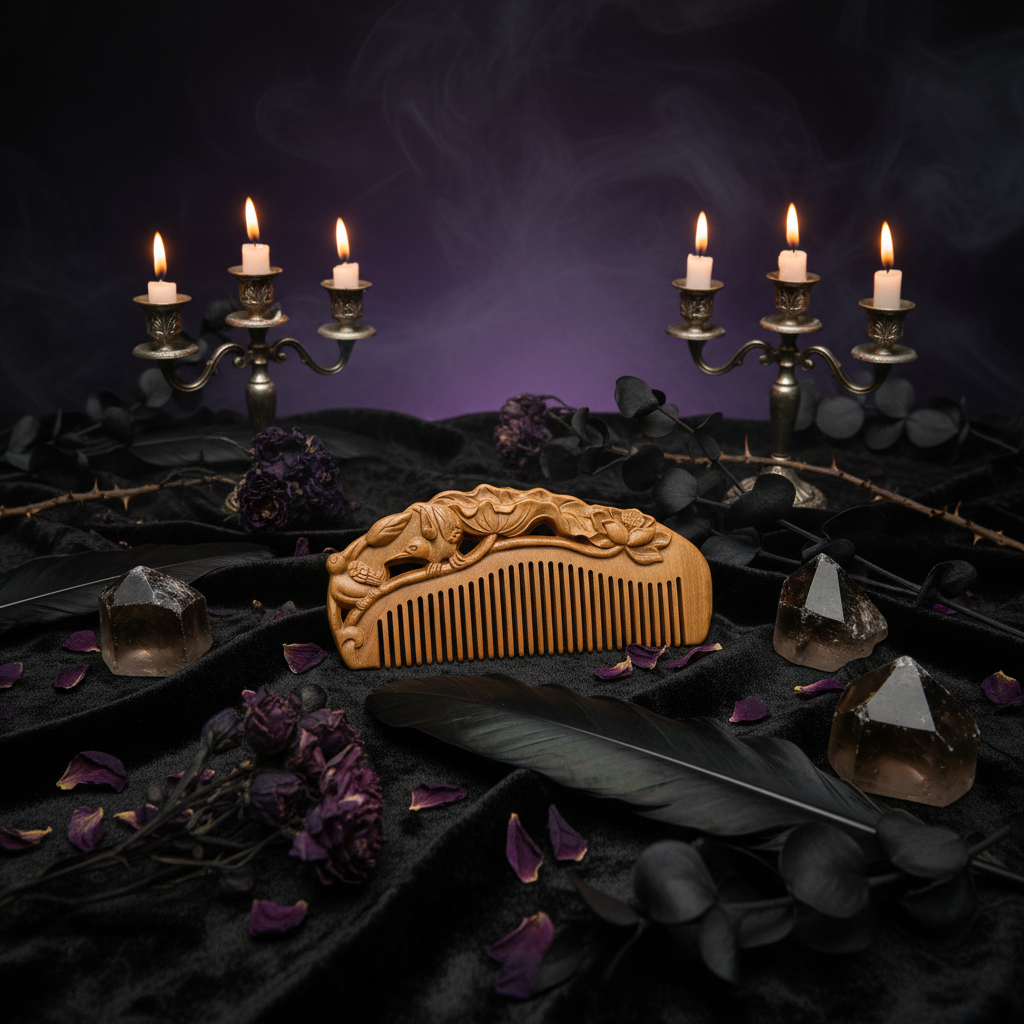 Decorative wooden comb with intricate carvings on a gray background