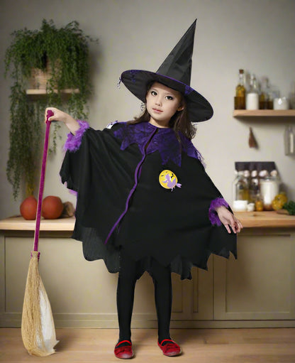 Child wearing a witch costume with a black hat, purple accents, and holding a broomstick on a white background.