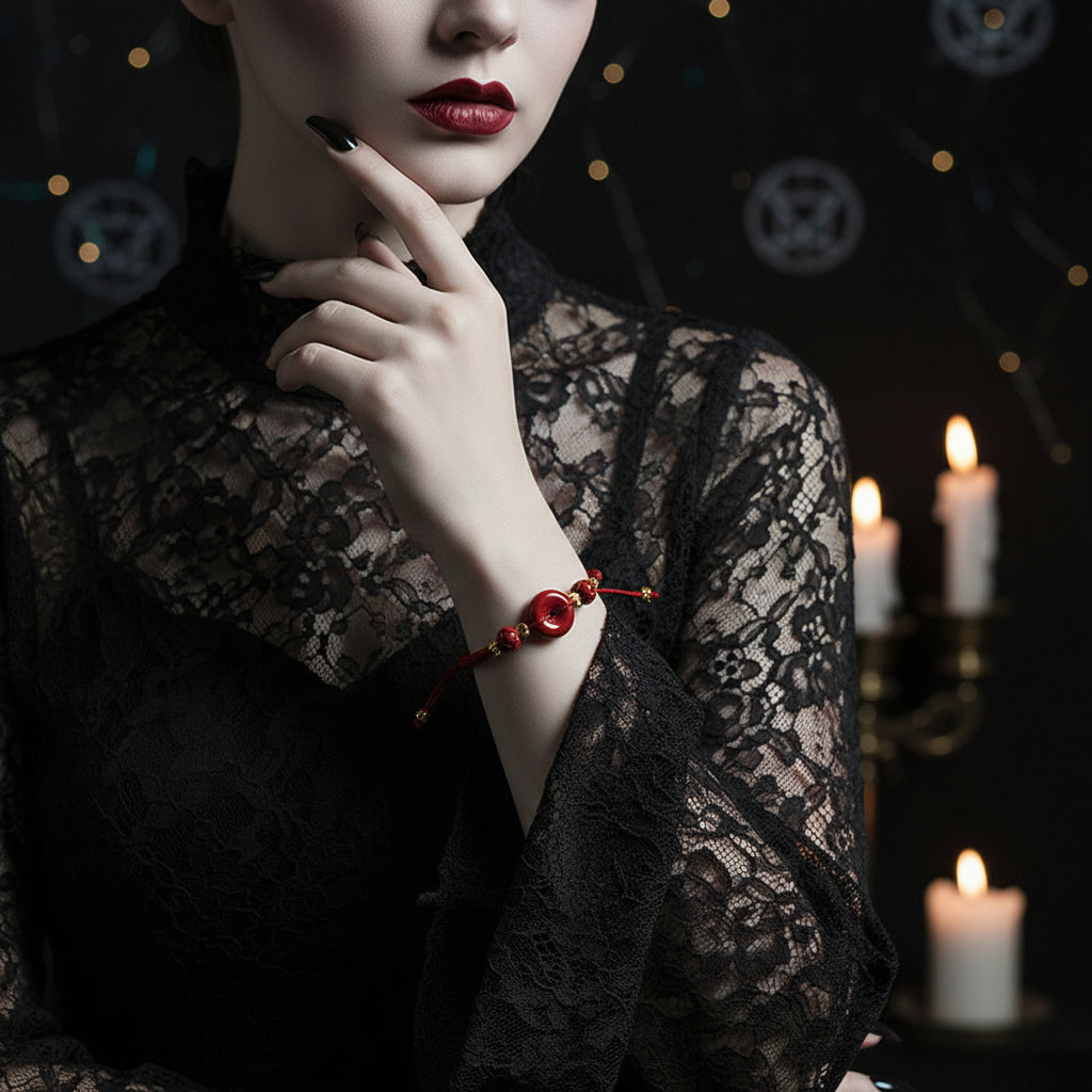 Red bracelet with a central bead on a red background