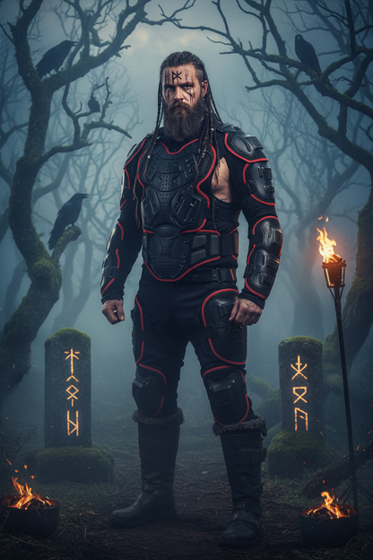 Black protective jacket with red accents on a white background