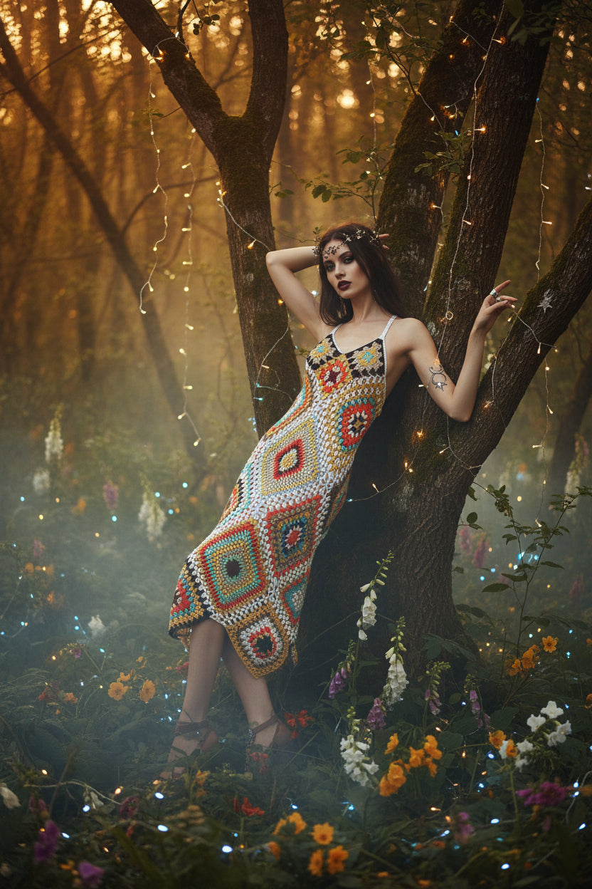 Colorful crochet dress on a wooden hanger against a white background