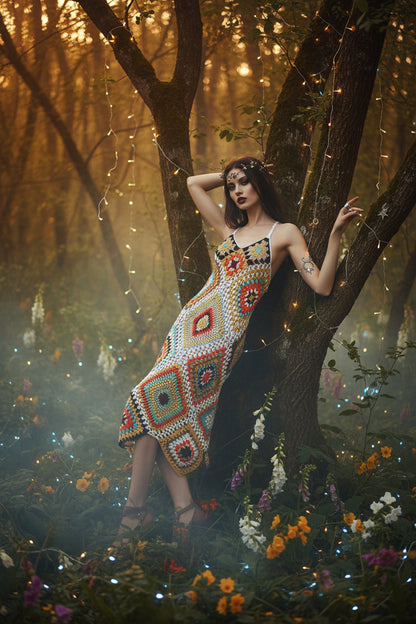 Colorful crochet dress on a wooden hanger against a white background