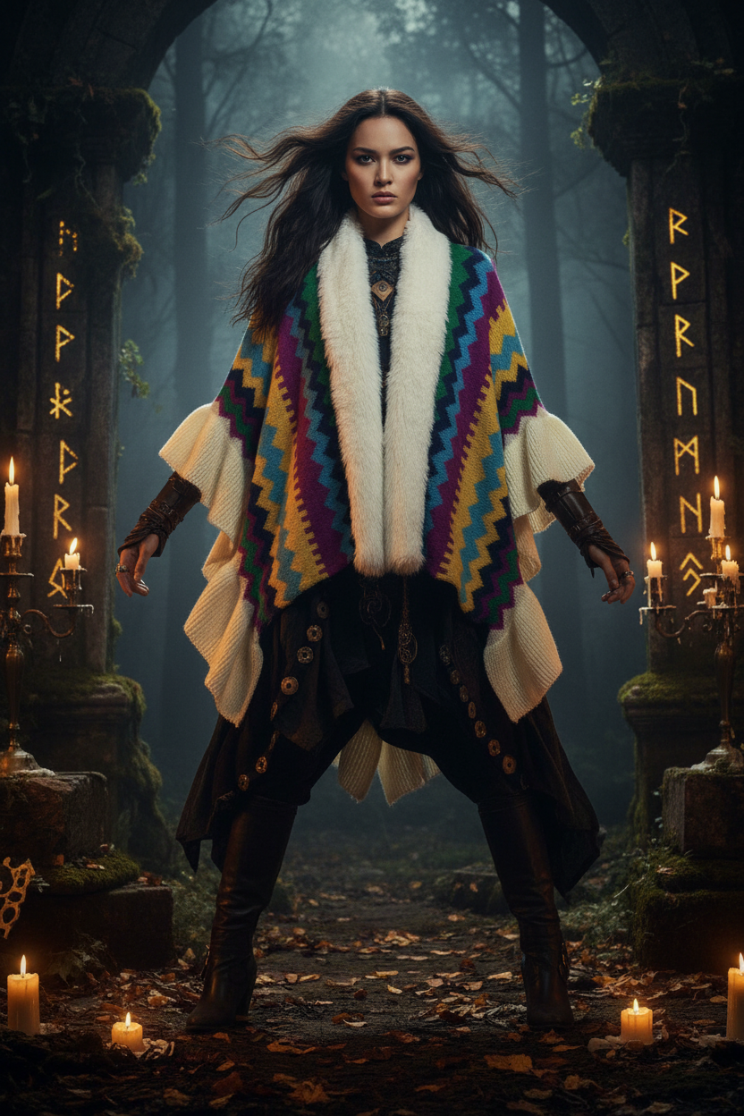 Colorful knitted shawl with zigzag pattern and white fur trim on a mannequin against a plain background.