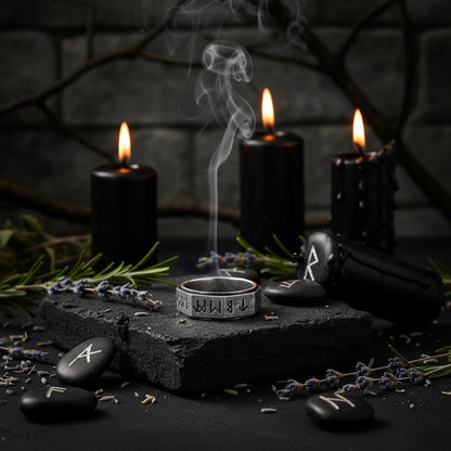 Silver ring with engraved symbols on a white background