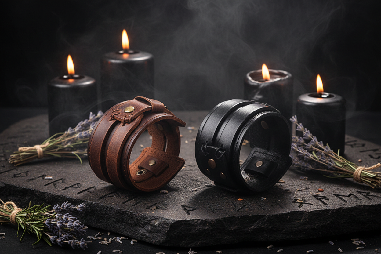 Two leather cuffs, one brown and one black, on a white background.