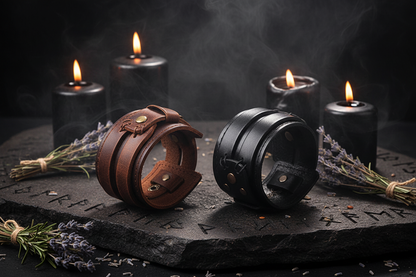 Two leather cuffs, one brown and one black, on a white background.