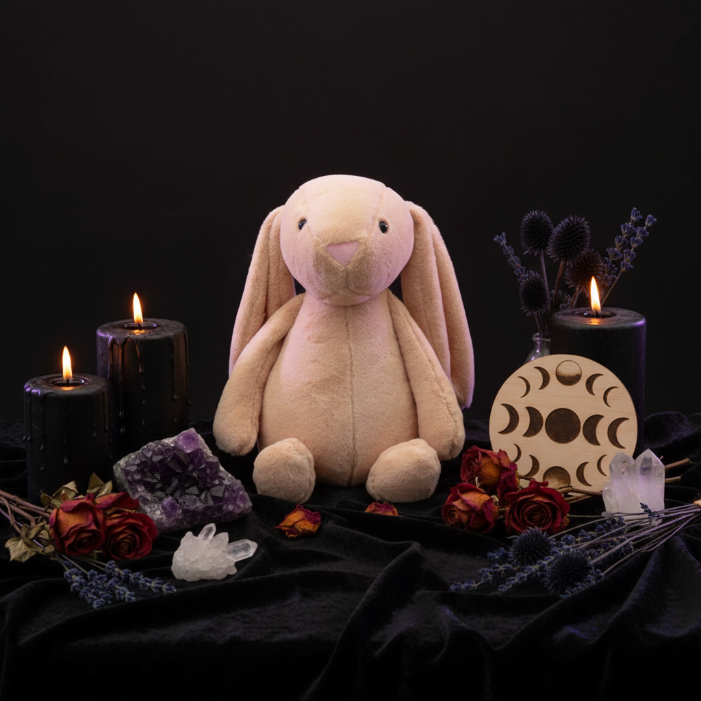 Plush bunny toy on a chair in a cozy room setting