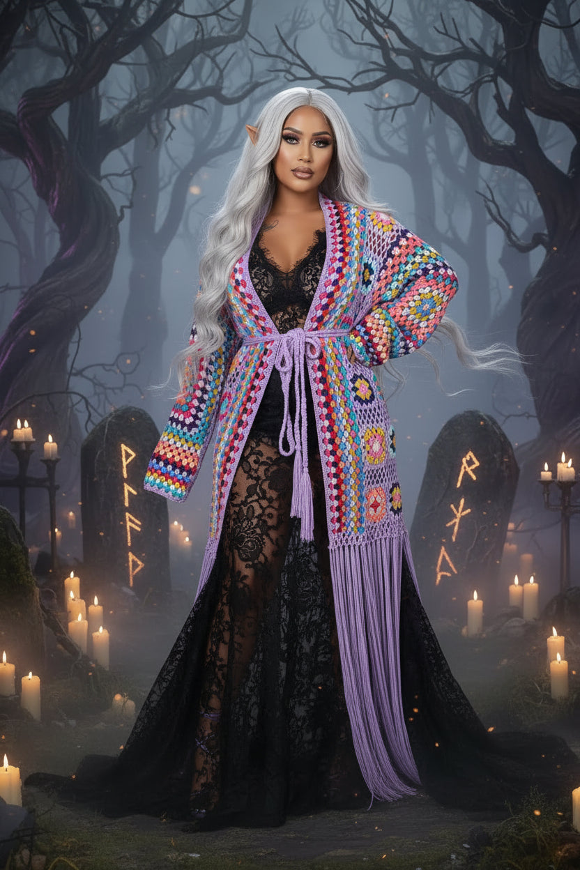 Woman wearing a colorful, patterned kimono with purple fringe on a gray background