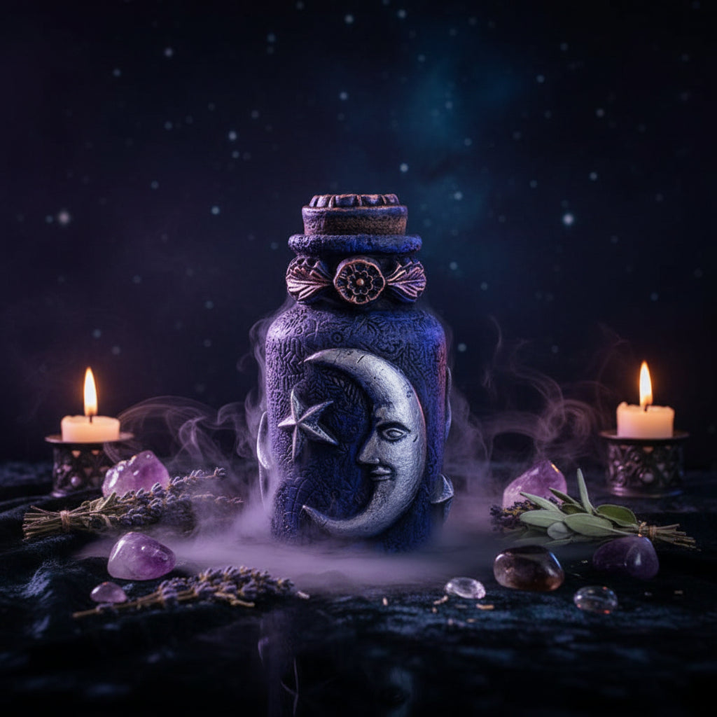 Decorative jar with moon and star design on a wooden surface