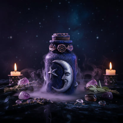 Decorative jar with moon and star design on a wooden surface