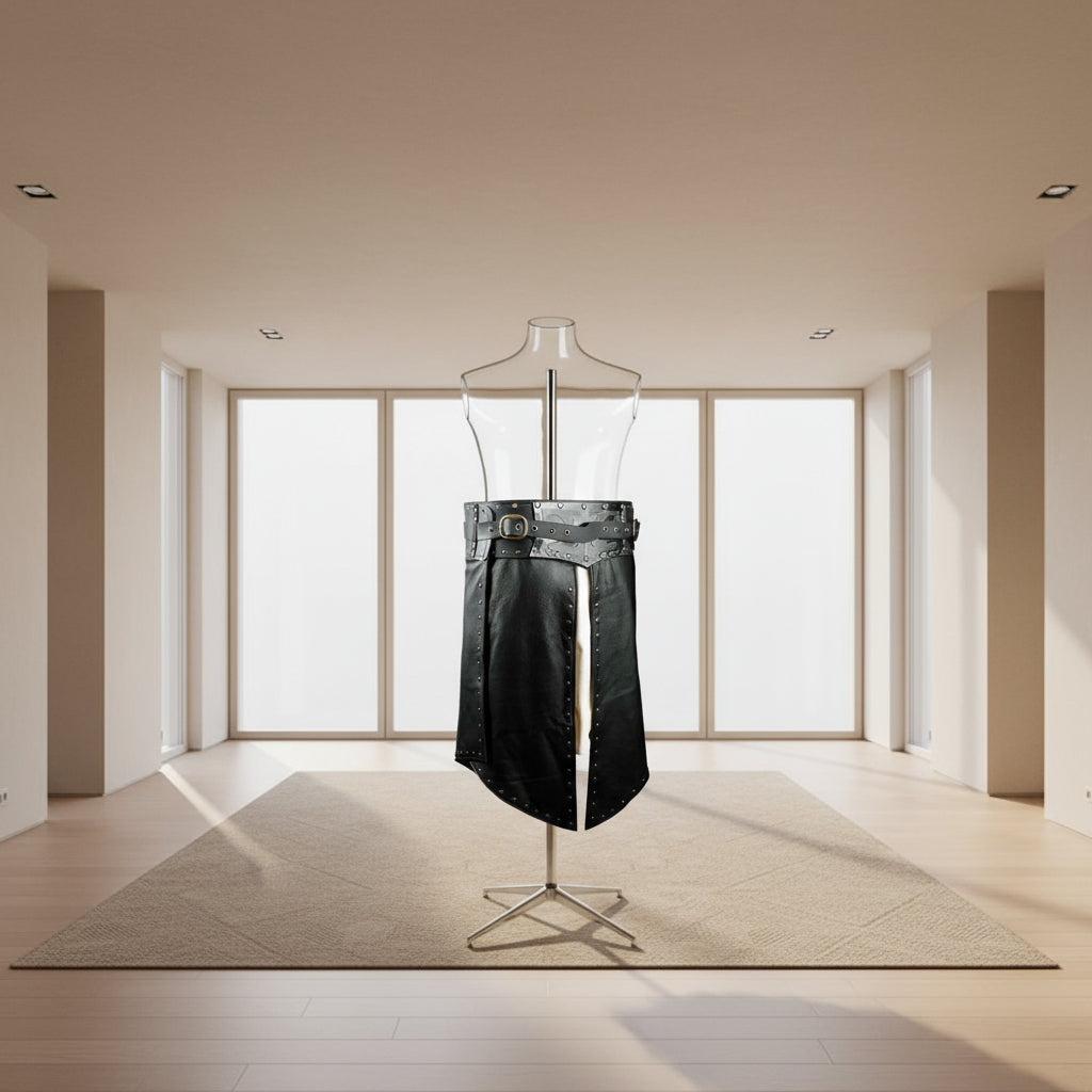 Black leather skirt with metal studs and a belt on a white background