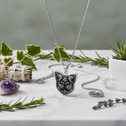 Cat head pendant with pentagram symbol on a silver chain against a white background