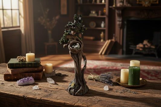 Statue of a figure with natural elements on a dark background