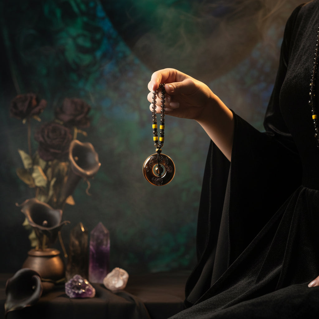 Person holding a necklace with a large pendant