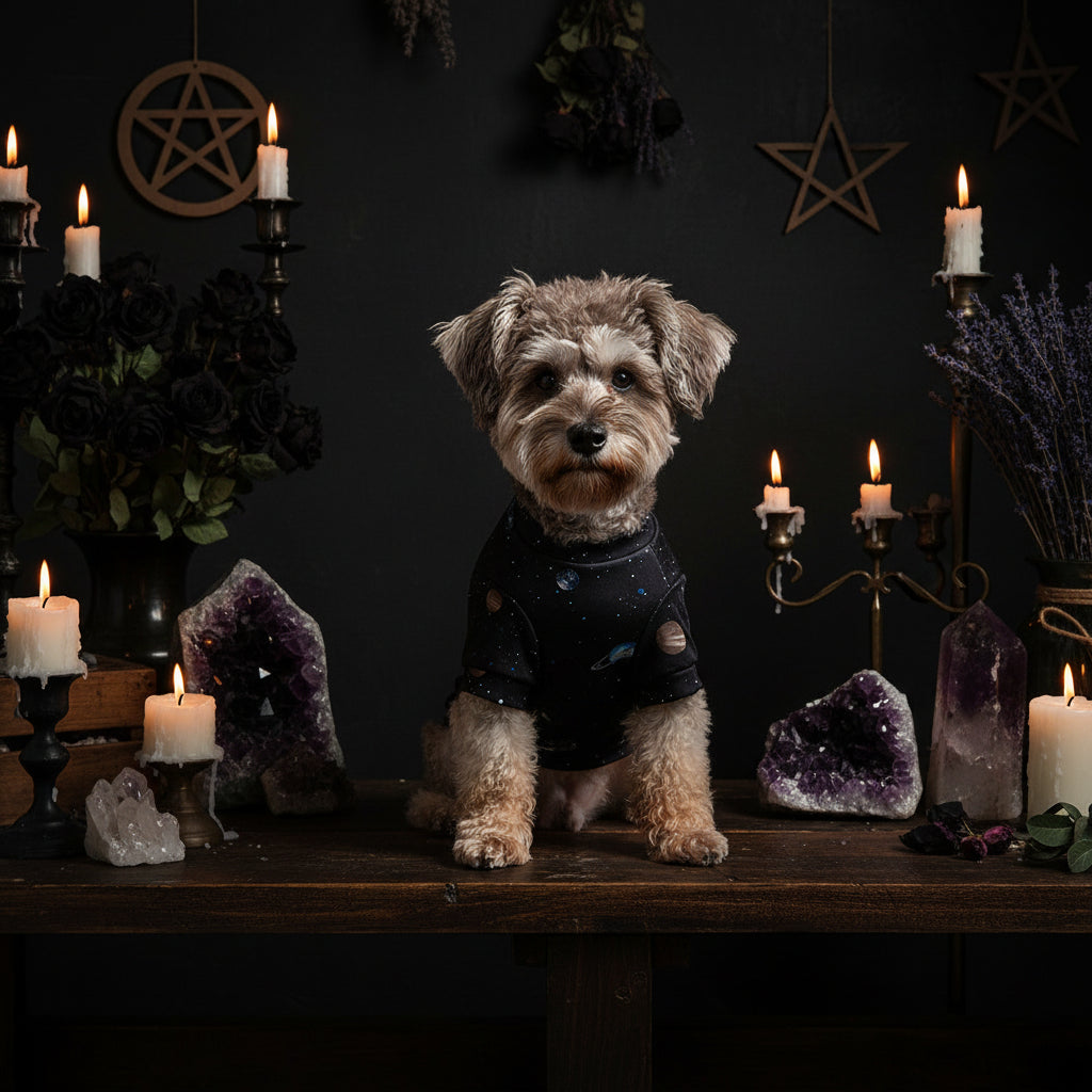 Dog wearing a black jacket with heart patterns indoors
