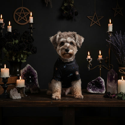 Dog wearing a black jacket with heart patterns indoors