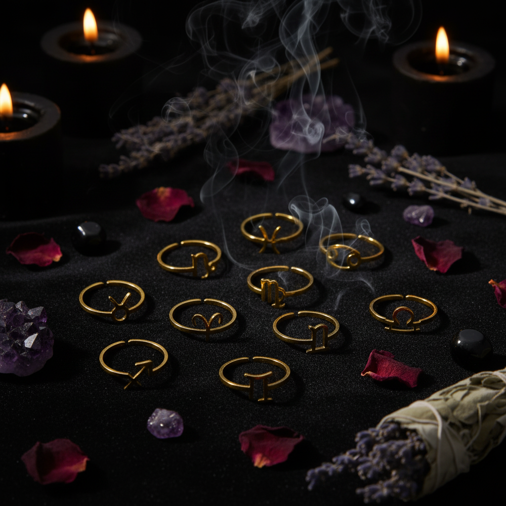 Gold rings with zodiac symbols on a beige fabric background