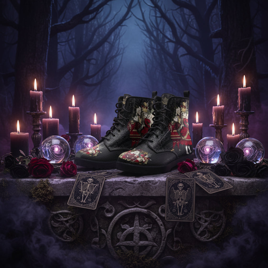 Black combat boots with colorful designs on a white background