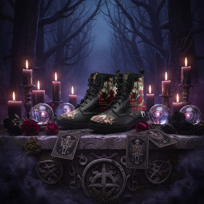 Black combat boots with colorful designs on a white background