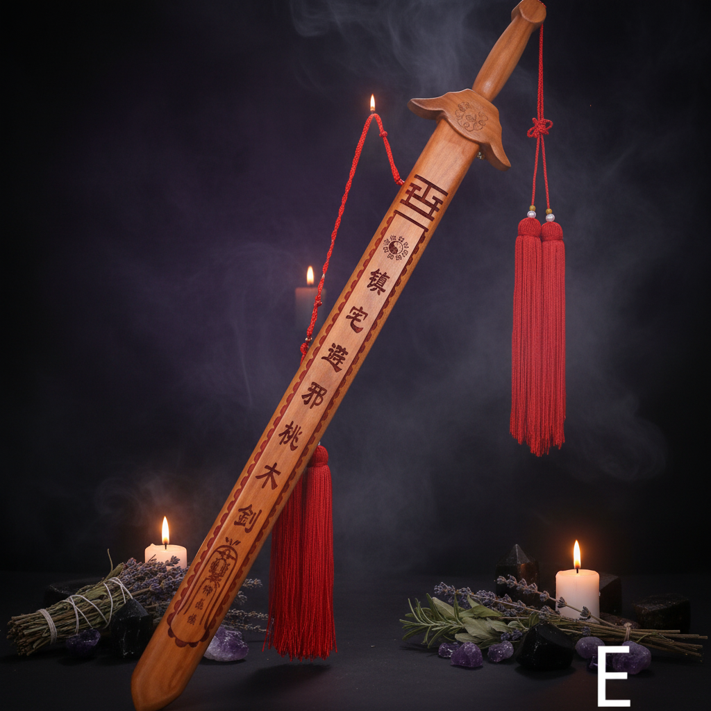 Traditional Chinese sword with red tassel on a white background