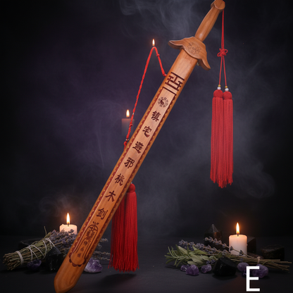 Traditional Chinese sword with red tassel on a white background