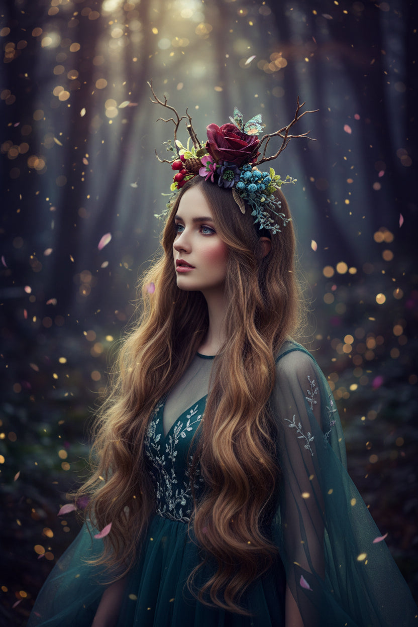 Exaggerated Christmas Antler Headband with Floral Accents Sorceress Sanctuary