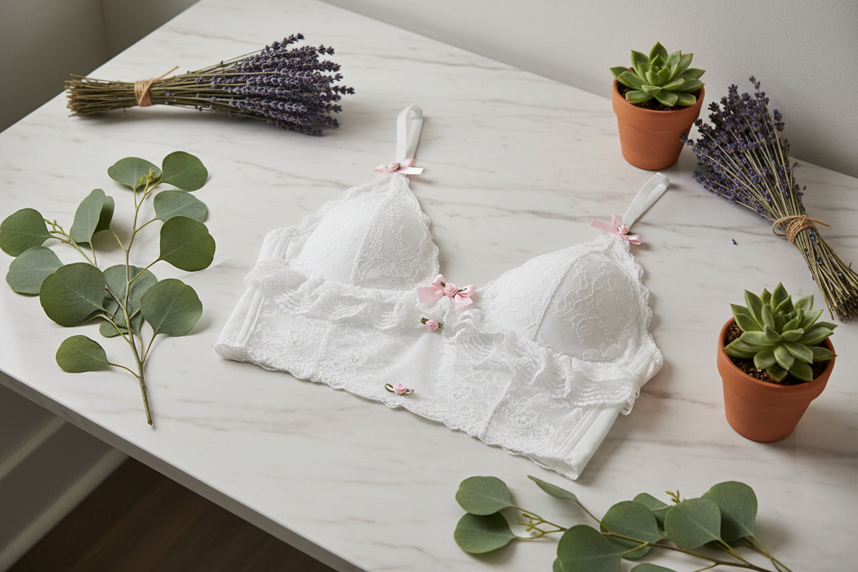White lace bra with pink bows on a white background