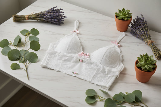 White lace bra with pink bows on a white background