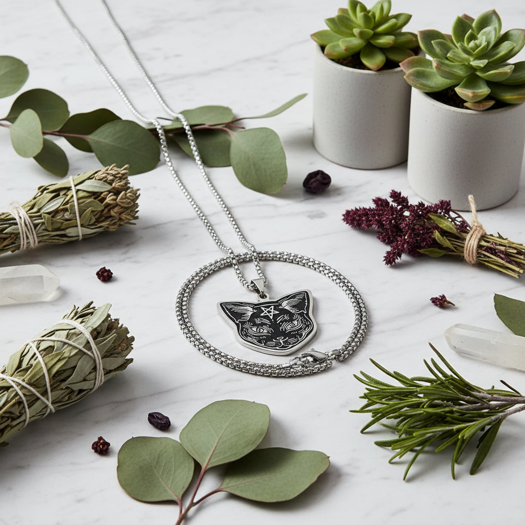 Cat-shaped pendant with pentagram design on a black textured background