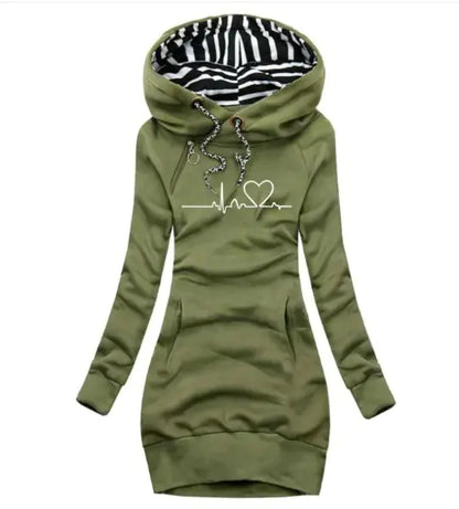 Green hoodie with heart and line design on a white background