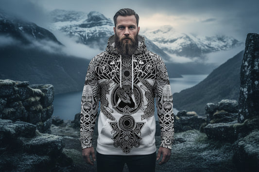 Hoodie with black and white tribal design featuring wolves and Celtic patterns on a white background.