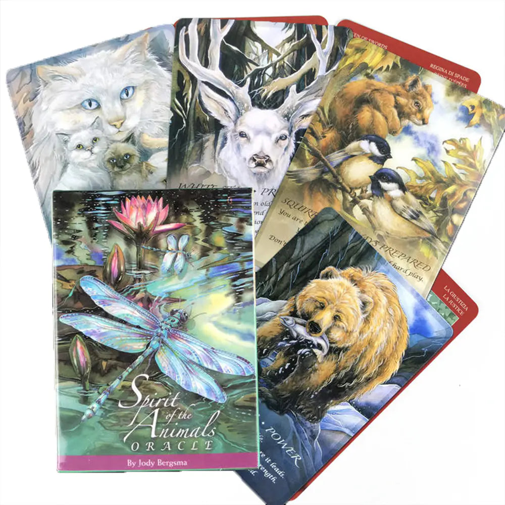 Collection of oracle cards featuring various animals with a colorful cover titled 'Spirit of the Animals Oracle'.