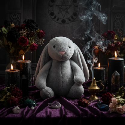 Gray plush bunny sitting on a beige chair with a blurred decorative background
