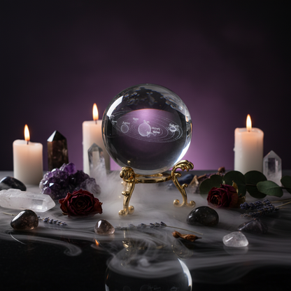 Clear crystal ball with solar system model on a decorative stand against a black background