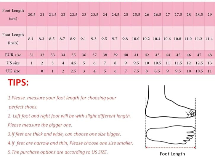 Size chart for shoes with foot length measurements in centimeters and inches, and shoe size conversions.