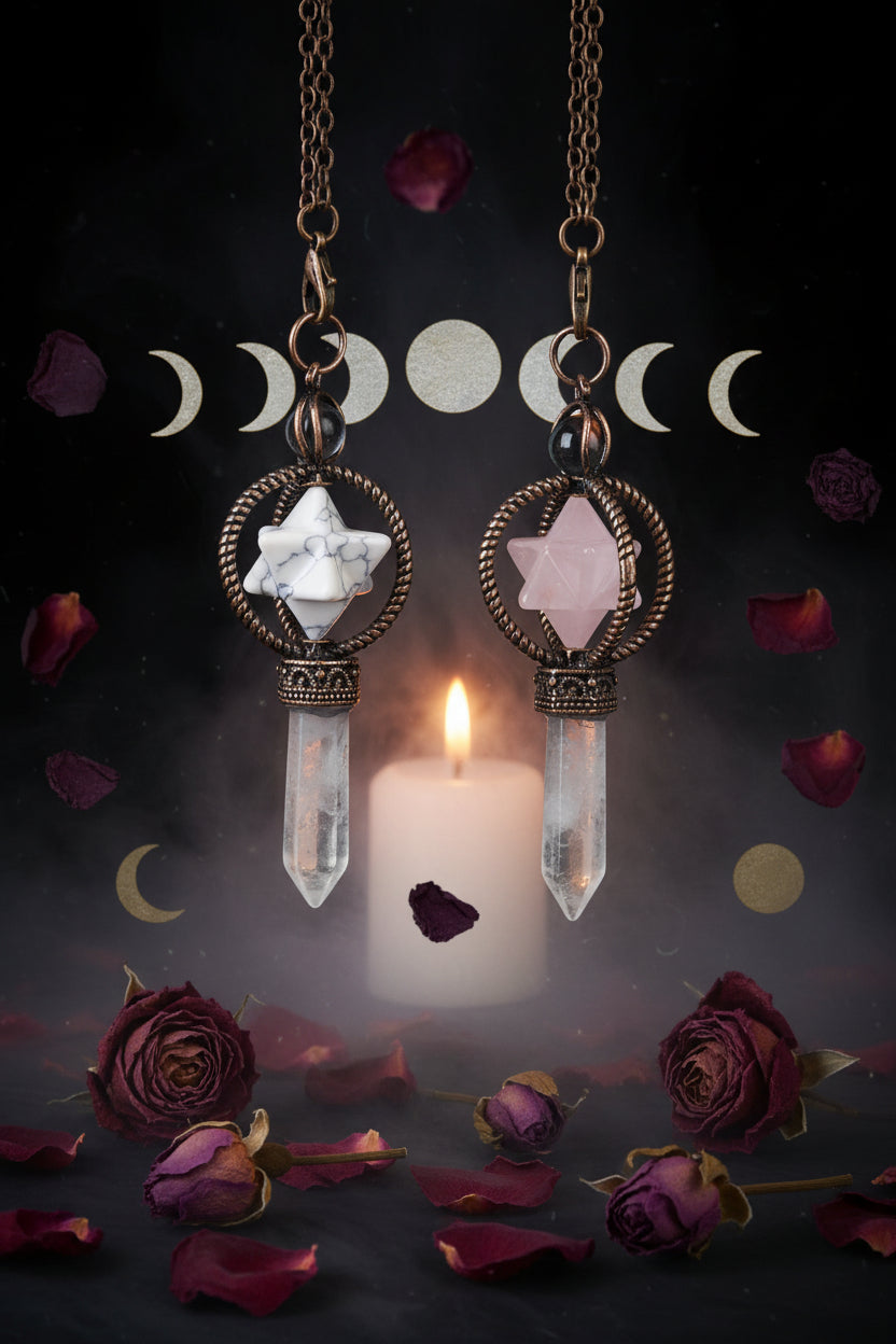 Two crystal pendant necklaces on chains against a black background, with 'Cisia Jewelry' logo.