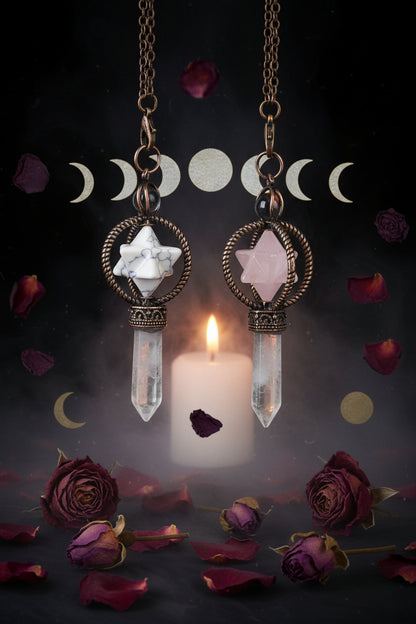 Two crystal pendant necklaces on chains against a black background, with 'Cisia Jewelry' logo.