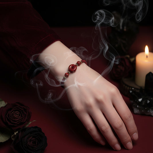 Red bracelet on a wrist against a red background